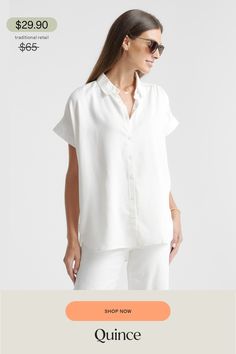 Our slightly oversized shirt drapes beautifully and effortlessly. The silhouette features a subtle collar and easy, open sleeves an extra comfy fit.  | Quince | Women's Vintage Wash Camp Shirt in White, Size Medium, Tencel Quince Shirts, Quince Tops, Silk Tee, Open Sleeves, Open Sleeve, Wide Leg Linen Pants, Camp Shirt, Women Shirts Blouse, Camping Shirt