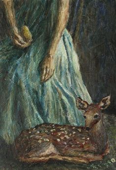 a painting of a woman holding an apple next to a deer