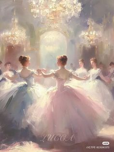 an oil painting of people in formal dress dancing with chandeliers hanging from the ceiling