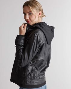 Made from 100% top grain leather, this jacket comes in a classic, timeless design. So comfortable and stylish, you'll be happy wearing it again and again. Read more about what makes our leather special in our Leather 101 guide.  | Quince | Women's Jacket with Hood in Black, Size Large, Leather Leather Jacket With Hood, Jacket With Hood, Knit Blazer, Sheep Leather, Again And Again, Black Leather Jacket, Linen Shorts, Top Grain Leather, Soft Black