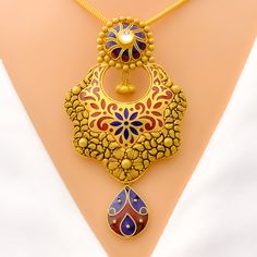 Make a statement with our Iconic Floral Meenakari Pendant Set. Crafted from 22k gold with an oxidized finish, this set boasts intricate meenakari work and stunning kundan stones. The pendant measures 2.9" in length, while the matching earrings are 2.25" long, both with screw back posts. With a weight of 39.9 grams, this set is a must-have for any fashion-forward individual. PRODUCT DETAILS Gold Purity(karat): 22k Item Weight(grams): 39.9 Item Finish: Oxidized Stone: Kundan Pendant Length: 2.9" M 22k Gold Chandbali Temple Necklace With Meenakari, Traditional Gold Plated Kundan Necklace With Meenakari, Chandbali Temple Necklace With Meenakari And Kundan, Kundan Chandbali Temple Necklace With Meenakari, 22k Gold Kundan Necklace With Meenakari For Diwali, Gold Kundan Necklace With Meenakari For Diwali, Gold Kundan Necklace With Meenakari For Festivals, 22k Yellow Gold Kundan Necklace With Meenakari, Festive Gold Plated Temple Necklace With Meenakari