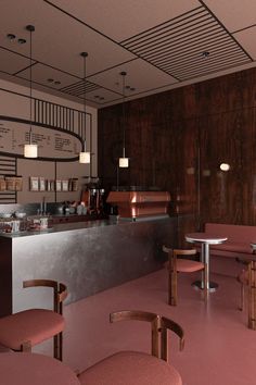 the interior of a restaurant with pink chairs