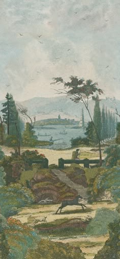 a painting of a park with trees and water in the background