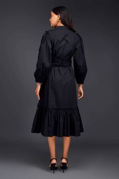 Black shirt dress with matching pleated frill detailing on one side. - Aza Fashions Chic Cotton Shirt Dress With Ruffles, Black Workwear Dresses With Gathered Sleeves, Fitted Ruffled Shirt Dress For Daywear, Cotton Ruffle Dress For Workwear, Fitted Shirt Dress With Ruffle Hem For Daywear, Elegant Ruffled Shirt Dress For Daywear, Fitted Ruffle Shirt Dress For Casual Wear, Black Long Sleeve Dress With Pleated Hem, Long Sleeve Midi Dress With Ruffle Hem For Work