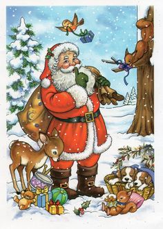 a santa clause is standing in the snow with his reindeers and birds around him