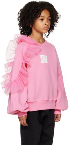 Cotton fleece sweatshirt. · Rib knit crewneck, hem, and cuffs · Logo graphic printed at chest · Ruffled tulle trim at shoulder · Raglan balloon sleeves · Machine-wash Supplier color: Pink Model measures 50” / 127 cm tall and wears size 8. MSGM Kids Size: child's height 4: 40.9 / 104 cm 6: 45.7 / 116 cm 8: 50.4 / 128 cm 10: 55.9 / 142 cm 12: 61.4 / 156 cm Spring Cotton Ruffle Sweatshirt, Spring Cotton Ruffled Sweatshirt, Spring Cotton Sweatshirt With Ruffles, Msgm Kids, Knit Crewneck, Girl Sweatshirts, Fleece Sweatshirt, Cotton Fleece, Logo Graphic