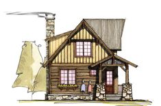 a drawing of a small log cabin house with a chimney and windows on the front