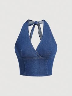 Azul Casual Collar sin mangas Mezclilla Liso Top Embellished Estiramiento medio Denim Top Diy, Diy Halter Top, Diy Halter, Halter Tops Outfit, Jean Diy, Denim Halter Top, Ropa Upcycling, Diy Jeans, Top Diy