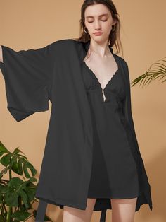 A sexy Japanese yukata robe pajama set with lace dress.2pcs: a short robe and a a dress.- Polyester Charmeuse, silky comfort, machine wash cold.- Removable waist tie closure.- Japanese wide sleeves. - Removable bra inserts.- Lace trim on front dress.- Relaxed fit with a luxurious flowing drape. Elegant V-neck Loungewear Sets, Elegant V-neck Night Sets, Elegant Summer Night Sets, Elegant Night Sets For Summer, Elegant Black Sets For Night, Elegant V-neck Sets For Wedding Night, Elegant Black Night Sets, Elegant Summer Sleepwear Sets, Elegant Sleep Sets For Summer