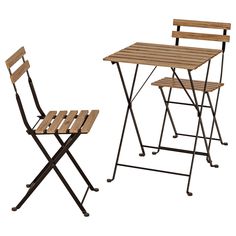 two chairs and a table made out of wooden slatted boards, one with metal legs