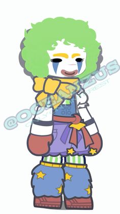 a cartoon character with green hair and blue pants