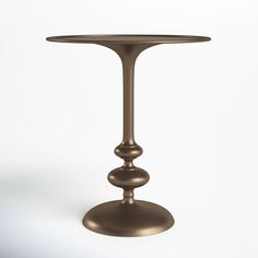 a round metal table with two balls on it's base and a white background