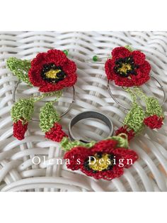 "Handmade set of Miniature Crochet Earrings and adjustable ring All designed by myself. They are approximately 3.5 cm / 1.5 \". Each pair is unique, so they may turn out a little shorter or taller. I will ship worldwide, just let me know and I will give a shipping price Looking for more unique handmade stuff? Click here: https://www.etsy.com/shop/OlenasDesign?ref=hdr_shop_menu Follow Olena's Tea Cozies and Crafts on Facebook to stay up to date with the latest news." Summer Crochet Jewelry As Gift, Red Flower Jewelry For Summer, Red Flower-shaped Summer Jewelry, Summer Flower Shaped Red Jewelry, Unique Crochet Jewelry As A Gift, Unique Crochet Jewelry For Gifts, Unique Crochet Jewelry As Gift, Red Crochet Jewelry As A Gift, Red Crochet Jewelry Gift