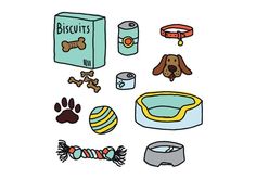 an assortment of dog related items on a white background