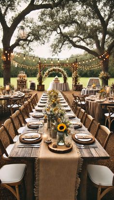 a long table set up with place settings for dinner under the shade of an oak tree