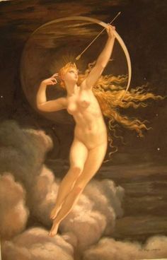 a painting of a naked woman holding an arrow in the sky with clouds around her