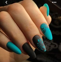 Black And Color Nail Designs, Mat Nail Art Designs, Spring Nails 2023 Matte, Mat Nail Designs, Mat Nails Ideas, Aqua Nails Design Ideas, Nail Design Glitter, Aqua Nails, Trendy Nail Art Designs