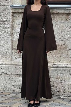 Fit: Regular fit.
 Detail:
  Solid color.
 Long flares sleeve.
 Ribbed.
 Tie-back.
 Knit dress.
  Material: 95% Polyester, 5% Spandex.
 Care  Machine washes cold, tumble dry low.
 Color may be lighter or darker due to the different displays. Long Dress Body Con, Modesty Clothing, Douyin Fashion, Modest Hijab, Ribbed Flares, Desi Fashion Casual, Flare Sleeve Dress, Abaya Designs, African Design Dresses