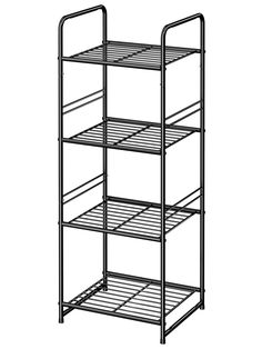 a four tiered metal shelf with wheels on the top and bottom, in black