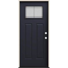 the front door is painted black and has two glass panels on each side, while the bottom