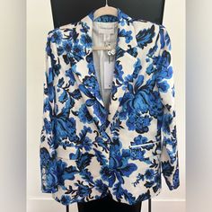 Beautiful Satin Christian Lacroix Blue White Lined Blazer Size Small (Fits Like A Size 4 Or 6) Looks Like A Dolce & Gabbana Style Jacket. Very Polished And Classy Blazer Selling For 20% More On Other Sites. Nwt Condition: New With Tags & Sleeve Buttons Still Paper Covered. Blue Floral Print Spring Blazer, Spring Blue Floral Print Blazer, Blue Floral Print Fall Blazer, Fall Floral Print Blue Blazer, Fall Blue Floral Print Blazer, Elegant Blue Floral Print Outerwear, Lace Blazer Jacket, Lace Blazer, Navy Blue Blazer