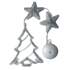 two metal christmas tree ornaments hanging from strings with a ball on the bottom and one star shaped ornament attached to it