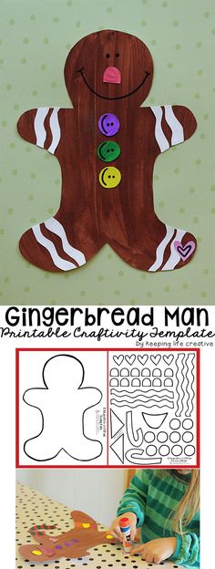 a gingerbread man cut out with buttons and glue to make it look like the gingerbread man