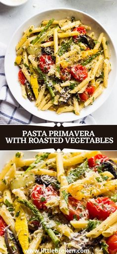 pasta prima veggie with roasted vegetables in a white bowl