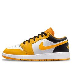 Introducing the Air Jordan 1 Low GS 'White' University Gold. This stylish and comfortable shoe is perfect for any basketball fan or sneakerhead. The white, black, and taxi yellow colorway with yellow leather panels give the shoe a unique look that will be sure to stand out. The Jumpman logo on the heel in black and Nike Swooshes provide a classic and iconic touch. With a rubber outsole and cushioning inside, this shoe is as comfortable as it is stylish. Get ready to hit the court in style with t Jordans 1 Taxi, Black And Yellow Sneakers, Orange Jordan Shoes For Streetwear, Yellow Urban Basketball Shoes With Boost Midsole, Urban Yellow Sneakers For Light Sports, Yellow Urban Sneakers For Light Sports, Yellow Low-top Basketball Shoes For Streetwear, Yellow Urban Low-top Basketball Shoes, Yellow Basketball Shoes With Boost Midsole For Streetwear