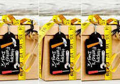 three pictures of scissors and measuring tape in a cardboard box, with the same image on it