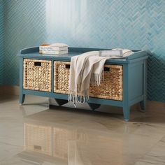 Rectangular Wooden Storage Bench with Rattan Like Weaved 3 Drawers, Blue Wooden Bench With Storage, Bathroom Dressing Area, Entry Storage Bench, Bed Bench With Storage, Storage Bench With Baskets, Cubby Storage Bench, Wooden Storage Bench, Entry Way Ideas, Entry Storage