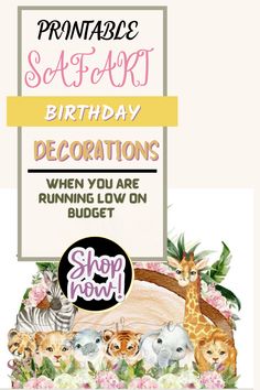 a birthday card with an image of animals and flowers in the background that says,'surprise scaffoldy birthday decorations when you are running low on budget shop now