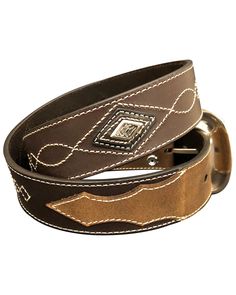 Genuine leather construction. Silver-tone diamond conchos. Antique silver scroll buckle. Contrast cream stitching. Formal Leather Concho Belt, Classic Brown Belt With Concho Details, Leather Concho Belts For Western-themed Events, Western Style Hand Tooled Belt For Formal Wear, Brown Embroidered Belt Buckles For Western-themed Events, Embroidered Leather Belt For Western-themed Events, Leather Belt With Embroidery For Western-themed Events, Leather Embroidered Belt For Western-themed Events, Leather Belt