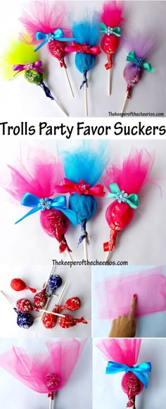 several different pictures of candy lollipops on sticks with bows and tulle