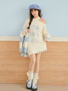 The price is for a sweater only, others are not included.  Garment Size   	 		 			Size 			S 			M 			L 		 		 			Full Length 			74 			76 			78 		 		 			Bust 			118 			122 			126 		 		 			Shoulders 			59 			61 			63 		 		 			Sleeve Length 			47 			48 			49 Cute Long Sleeve Sweater Dress For Fall, Cute Sheep, Asymmetrical Hem, Shoulder Sweater, Asymmetric Hem, Sheep, Full Length, Sleeve Length, White