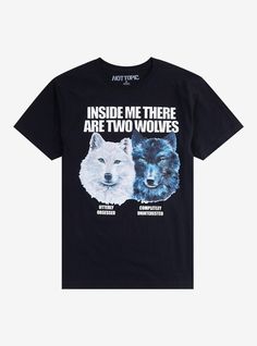 You're either totally obsessed or couldn't care less. If this describes you  grab this tee showing the two wolves that are inside you. Detailing two extreme emotions of "Utterly Obsessed" and "Completely Uninterested"  it shows two different wolves and header text reading  "Inside Me There Are Two Wolves".100% cottonWash cold; dry lowImportedListed in men'sunisex sizes Wolf Design Graphic Tee For Streetwear, Graphic Tee With Wolf Design For Streetwear, Streetwear Graphic Tee With Wolf Design, Extreme Emotions, Header Text, Wolf Meme, Two Wolves, Care Less, Wolf T Shirt