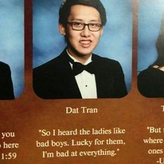 three pictures of the same man in tuxedo and bowtie, with words written below them