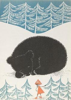 an illustration of a bear and a girl walking in the snow