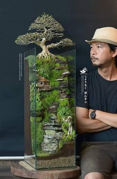 a man sitting in front of a glass case with moss growing on the side and a bonsai tree behind it