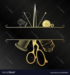 golden scissors and sewing accessories on a black background with copy - space for your text