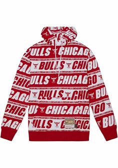 Put your Bulls spirit on display in this Chicago Bulls Long Sleeve Hoodie! You'll be cozy on game day in this Chicago Mens Red Teamwarp Hooded Sweatshirt. This Bulls Long Sleeve Hoodie features a enlarged all over print graphic. Wear your Chicago Bulls spirit with pride in this great Mens Hooded Sweatshirt! Screen printed team graphic on the front, Kangaroo pocket, Drawstring hood, "Mitchell & Ness" embroidered at right wrist, Ribbed cuffs and bottom hem, Fit: True to Size, 60% COTTON / 40% POLY Red Fan Apparel Hoodie With Graphic Print, Red Graphic Print Fan Apparel Hoodie, Red Graphic Print Hoodie Fan Apparel, Red Game Day Fan Apparel Hoodie, Red Team Spirit Hoodie For Streetwear, Sports Fan Long Sleeve Hoodie For Winter, Collegiate Winter Hoodie With Logo Print, Winter Long Sleeve Sports Fan Hoodie, Game Day Red Sweatshirt With Drawstring Hood