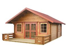 a small wooden cabin with red roof and windows