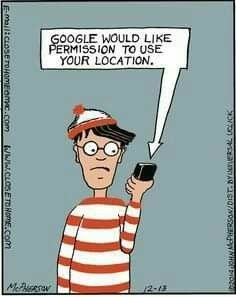 a cartoon character holding up a cell phone in front of a speech bubble that says google would like perplexs on to use your location