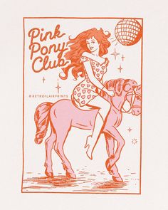 a pink pony club poster with a girl riding on the back of a brown horse