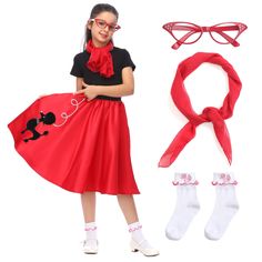 PRICES MAY VARY. 4 Pcs 50s Vintage Costume Set-Package Comes with all about 50s dress-up,includes: 1 x Poodle Skirt;1 x 50's Chiffon Scarf; 1 x Cat Eye Glasses; 1 x Bobby Socks.The T-shirt isn't included. There are three sizes:S（4-6） M(8-10) L（12-14),fit girls of all shapes and sizes.The poodle skirt features an elastic waistband,to provide a suitable,comfirtable wear.Four colors to choose:pink,red,blue,purple. Made of 100% polyester，the surface of the dress feels very smooth and soft,comfortabl 50s Dress Up Day, Kids 50s Costume, 50s Dress Up, 50s Halloween Costumes, Sock Hop Costumes, 50s Outfit, 50s Costume, Pretend Play Costumes, Bobby Socks