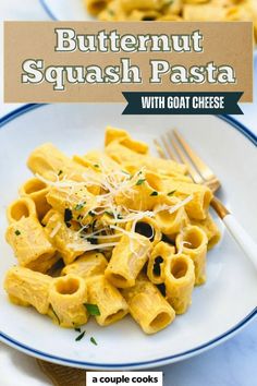 a plate with some pasta on it and the words butternut squash pasta in front of it