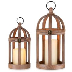 two wooden lanterns with lit candles in them, one is open and the other is closed