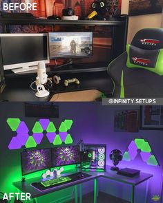 the before and after pictures show how to use neon lights in your home office area