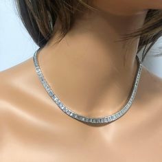 Baguette Tennis Necklace, Luxury Diamond Baguette Cut Tennis Necklace, Silver Diamond Baguette Cut Tennis Necklace, Baguette Cut Diamond Necklace, Diamond Tennis Necklace With Baguette Cut, Fine Jewelry Tennis Necklace With Baguette Cut As Gift, Silver Tennis Necklace With Baguette Diamonds, Silver Tennis Necklace With Baguette Diamonds As Gift, Baguette Diamond Tennis Necklace As Gift