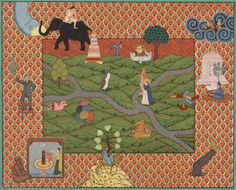 an image of a map with animals and other things on the land, including trees